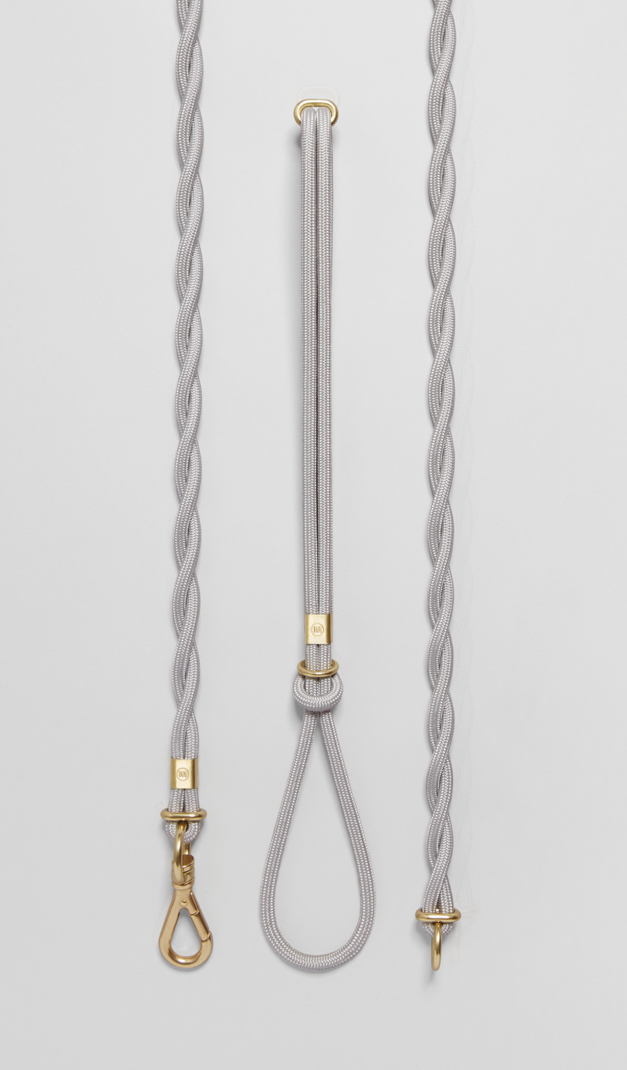MANTLE® dog system lead + handle set in Haze with solid brass hardware, shown from an overhead view on a light gray background
